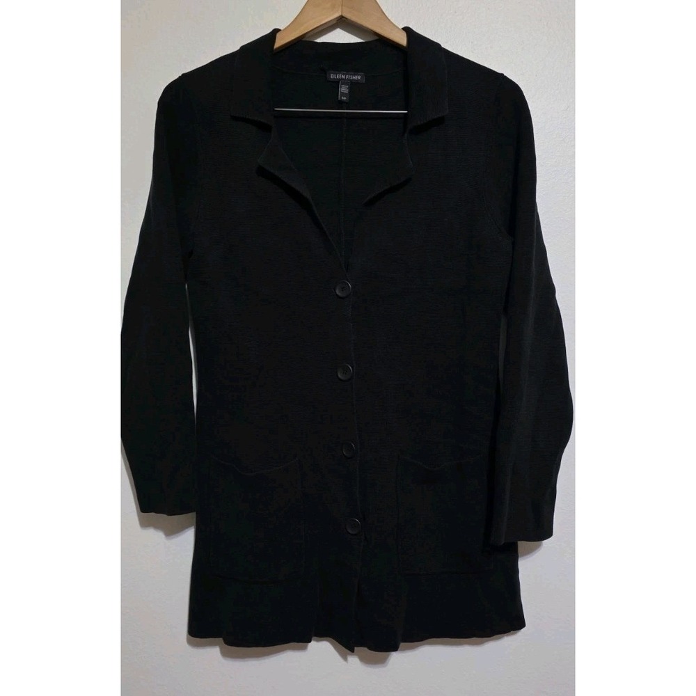 Eileen Fisher Black Knit Button Up Cardigan Sweater Jacket Women S Silk Blend